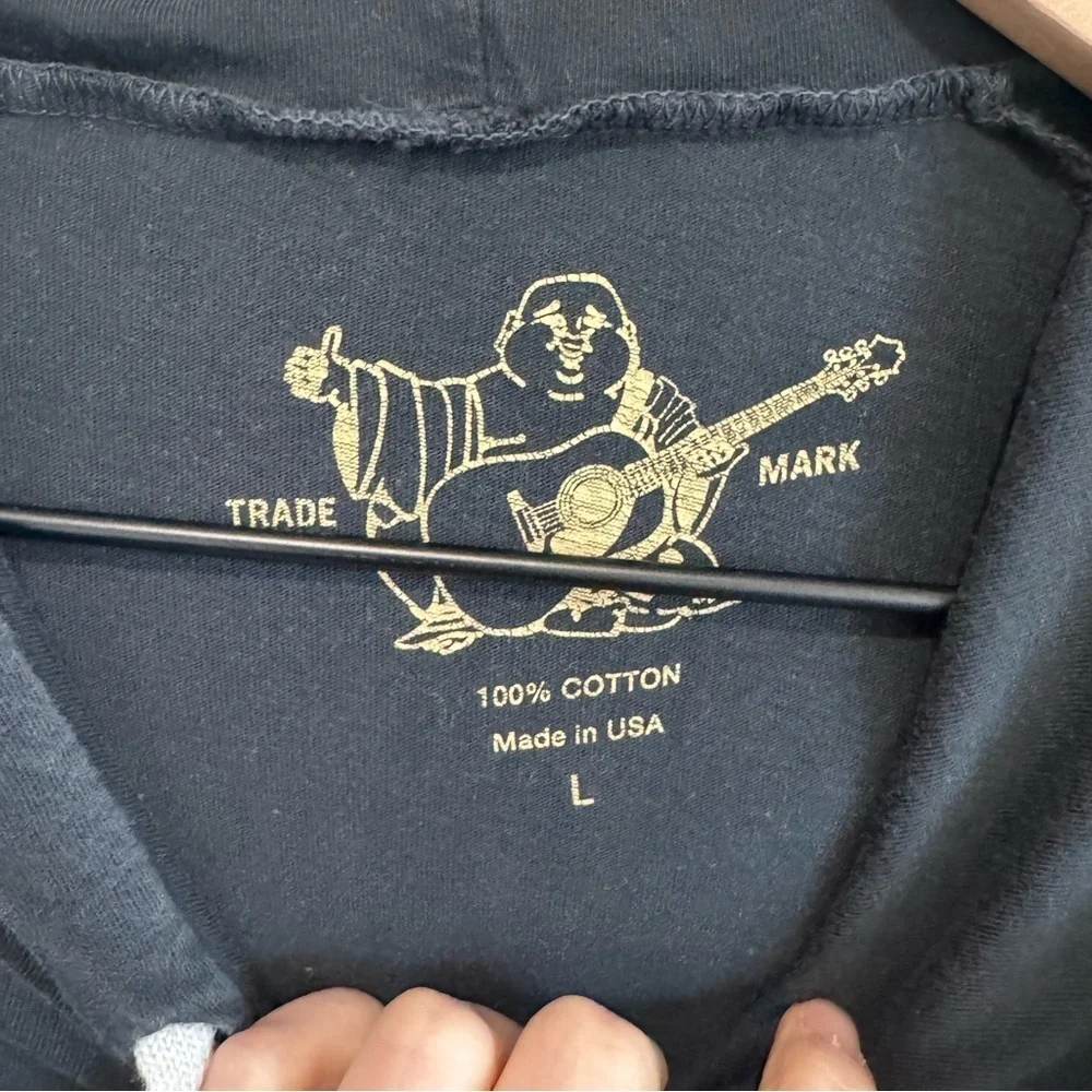 True Religion Mens Large Buddha World Tour Hoodie Black Grey Casual Streetwear